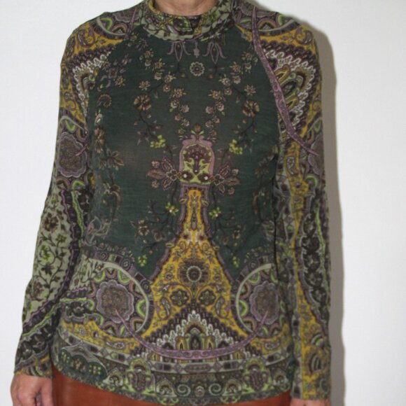 ETRO Italy Knit Wool Blend Pleated Back Top Paisley Turtleneck India Print 46 EU - Picture 10 of 10